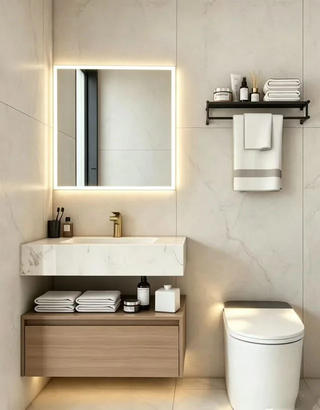 Bathroom display with an illuminated mirror, rectangular basin and open storage