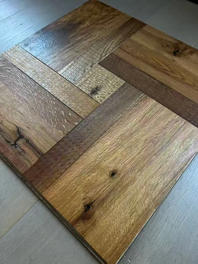 Close view of a sample board with a geometric wood-tone pattern