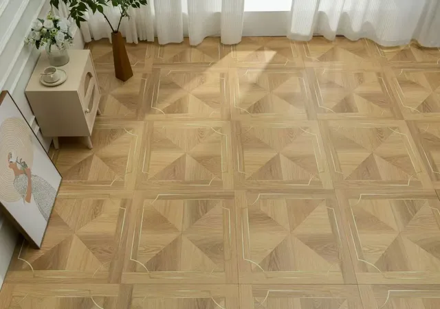 Pale geometric floor pattern beside curtains and plants