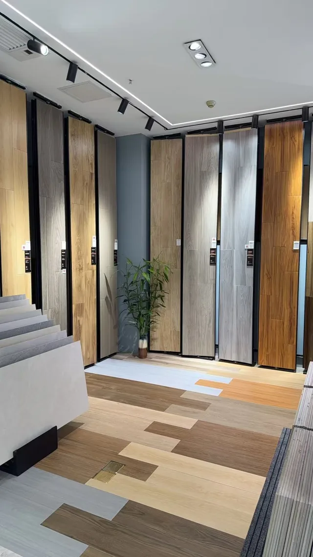 Surface panels beside a row of flooring samples