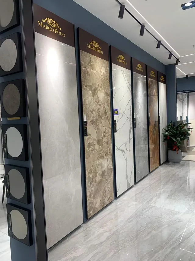 Tall surface panels displayed beside one another in a showroom