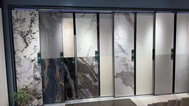 Large stone-pattern surface displays on a showroom wall